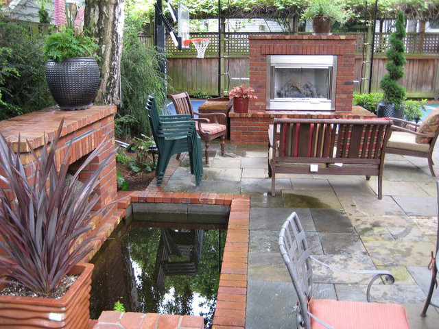 Red Brick Fireplace and Water Feature in Portland Oregon